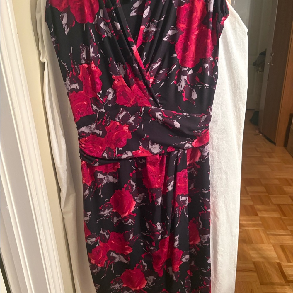 Chaps Black Dress with Red Floral Print
